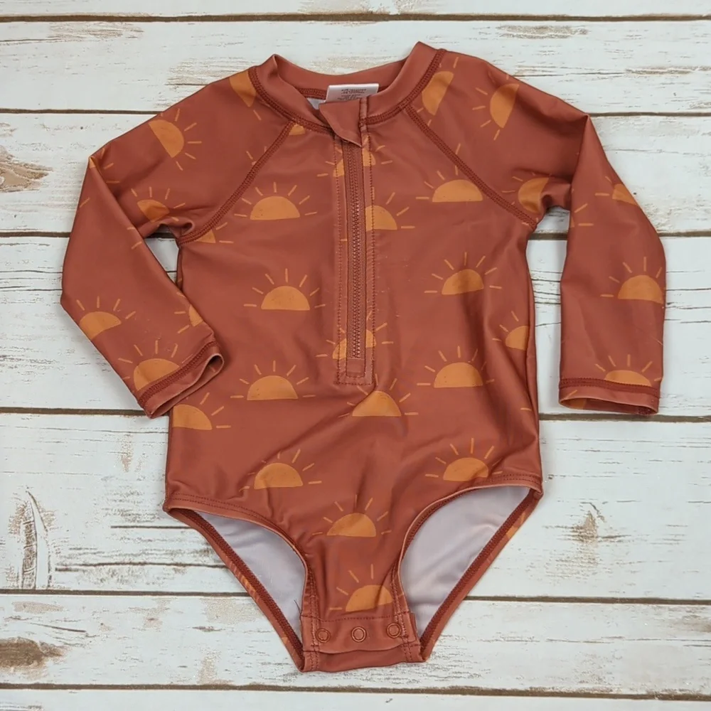 Kids Rust Orange Sun Print One-Piece Swimsuit - Long Sleeve